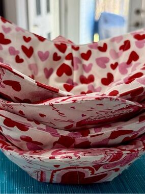 Heart Print Fabric Bowl Coozies - Pink & Red - Set of 4